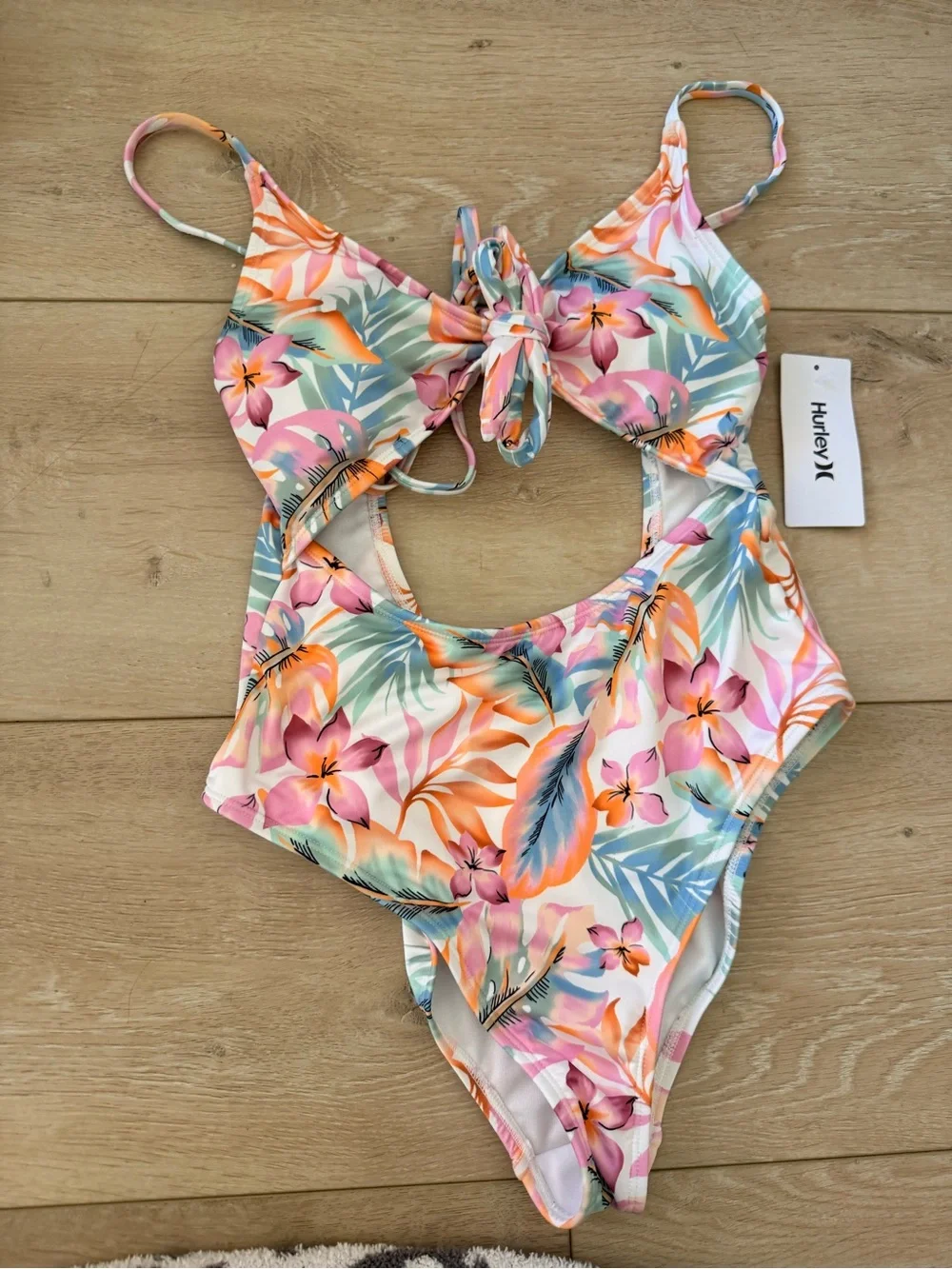 Hurley Tropical Floral Cutout One-Piece Swimsuit - Pink, Coral & Teal